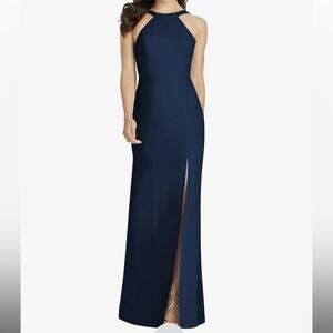 Dessy Collection NWT High Neck Backless Crepe Trumpet Midnight Gown Size 16
